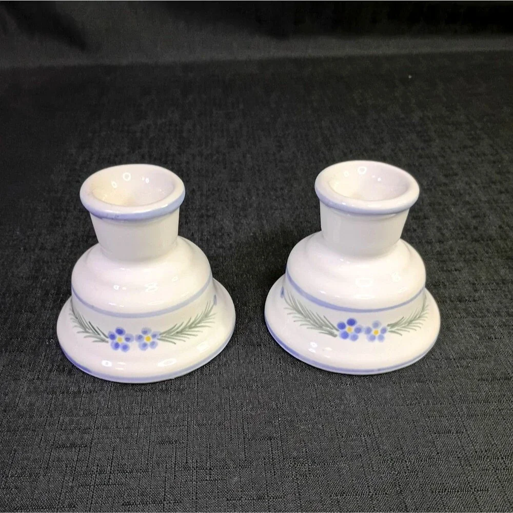 Pair Of Vintage Hand-painted Short Taper Candlestick Holders Blue Flowers